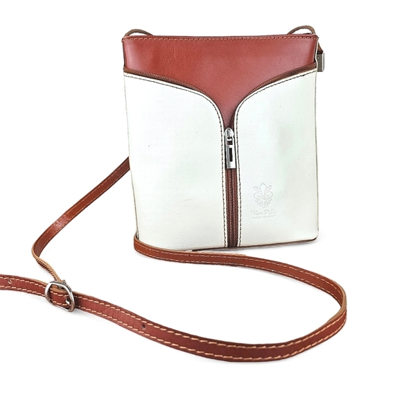 Vera Pelle Handbags - VERA PELLE Italian Leather Cream & Cognac Crossbody Sling Bag